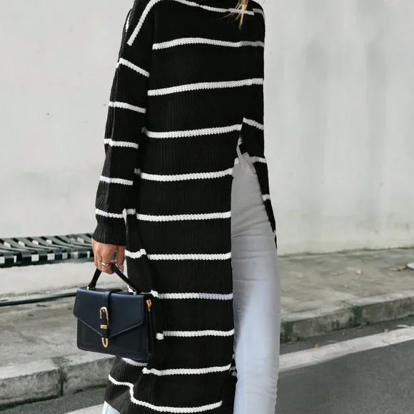 Black and White Casual Striped Pattern Drop Shoulder Split Hem Longline Sweater - Picture 3 of 6